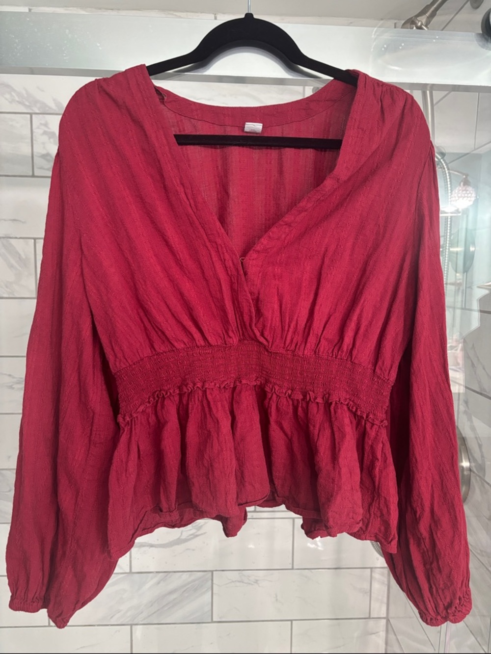 Old Navy Crimson V-Neck Smocked Peplum Blouse